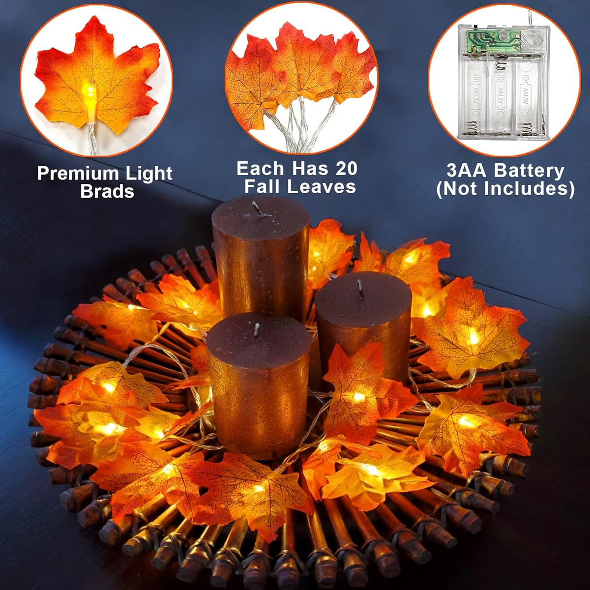TURNMEON Fall Garland with Lights, 2 Pack, 20 ft, 40 LED Maple Leaves - view 3