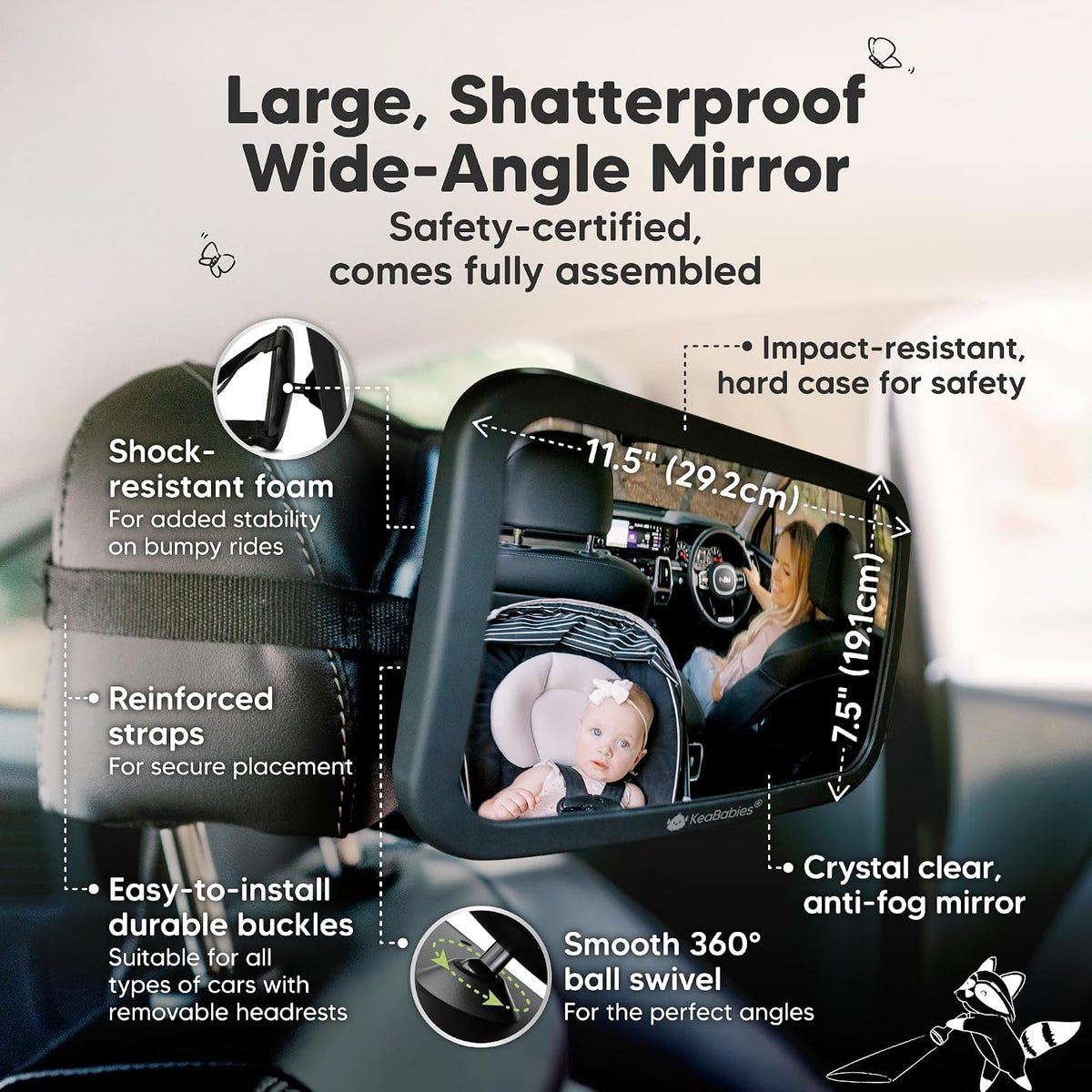 KeaBabies Baby Car Seat Mirror, Wide View, Matte Black - view 2