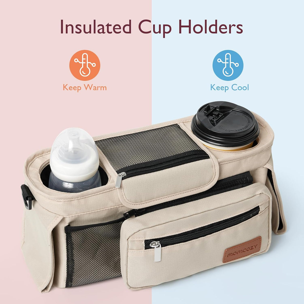 Momcozy Universal Stroller Organiser with Insulated Cup Holders, Khaki - view 6
