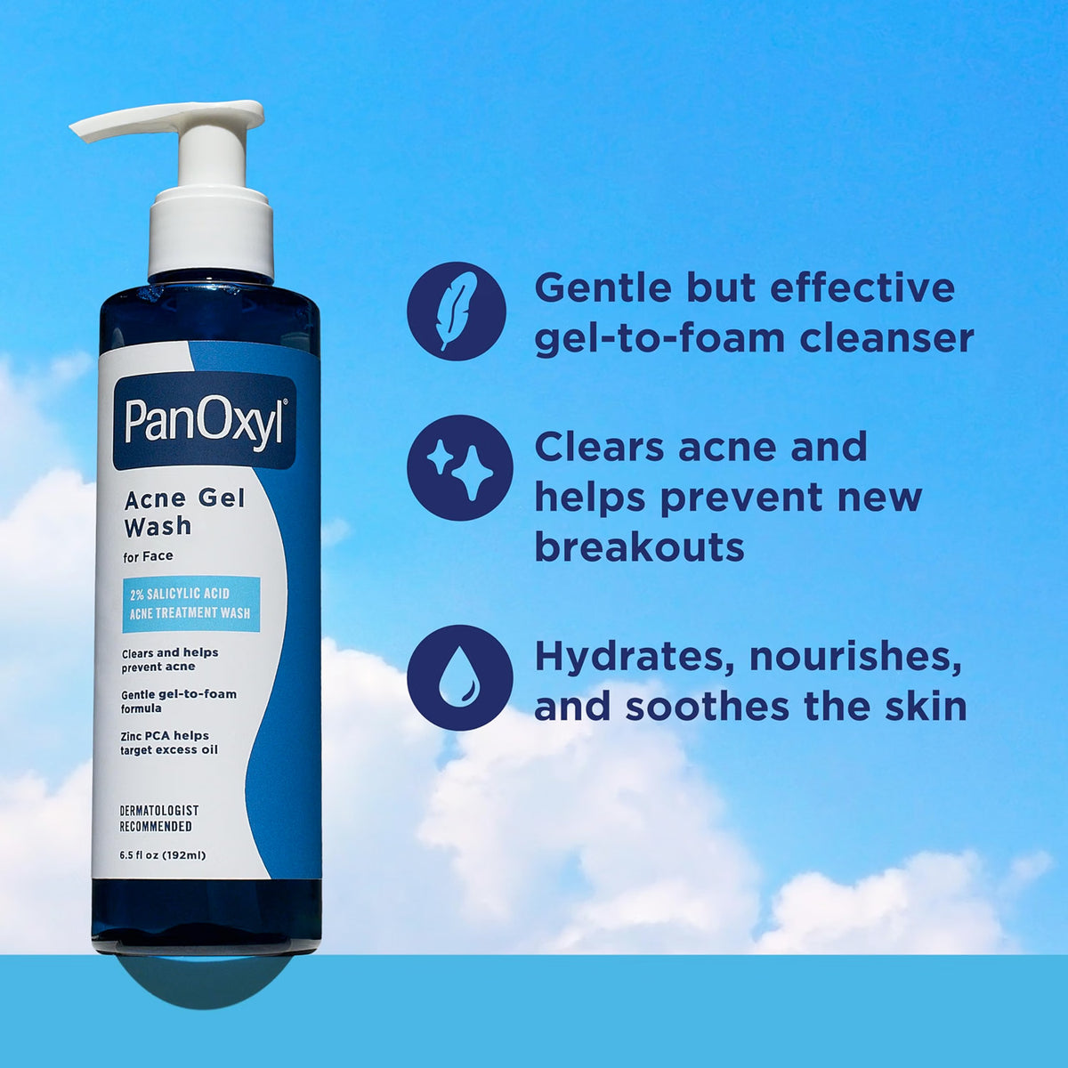 PanOxyl Acne Gel Wash 2% Salicylic Acid 192 ml - Bottle with benefit highlights against blue sky