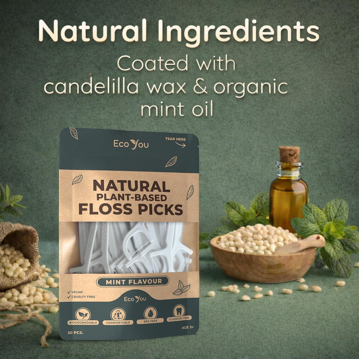 EcoYou Biodegradable Floss Picks, Mint, 50 Count - view 3