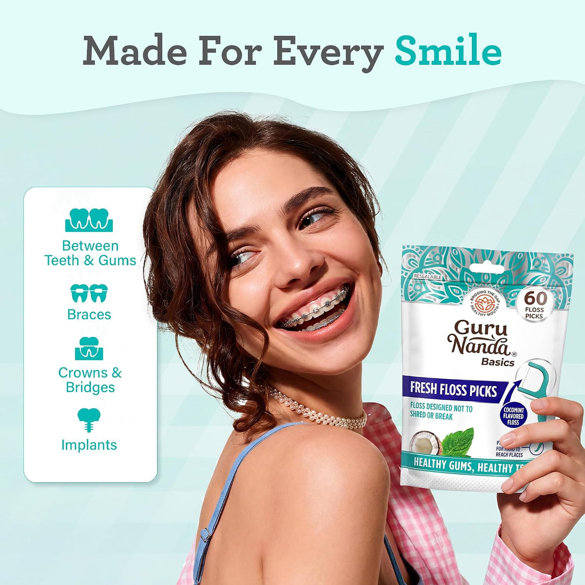 GuruNanda Fresh Dental Floss Picks with Angled Pick, Cocomint, 60 Count - view 4