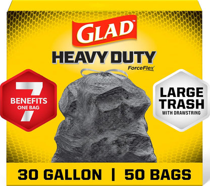 Glad ForceFlex Large 30 Gallon Black Bin Bags, Unscented, 50 Count