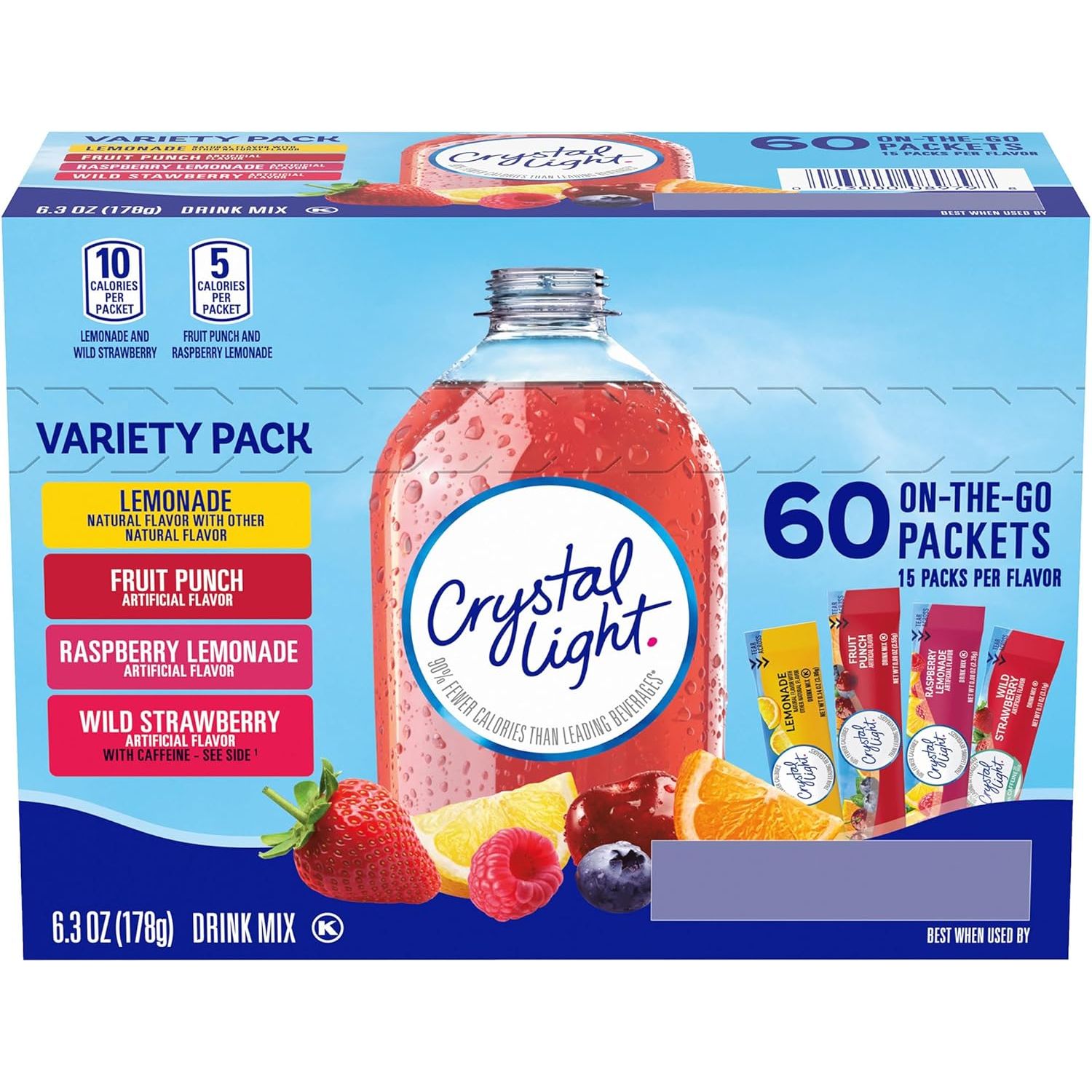 Crystal Light on the Go, 60 Ct. - Variety Pack (Lemonade, Fruit Punch, Raspberry Lemonade, Wild Strawberry) 178G