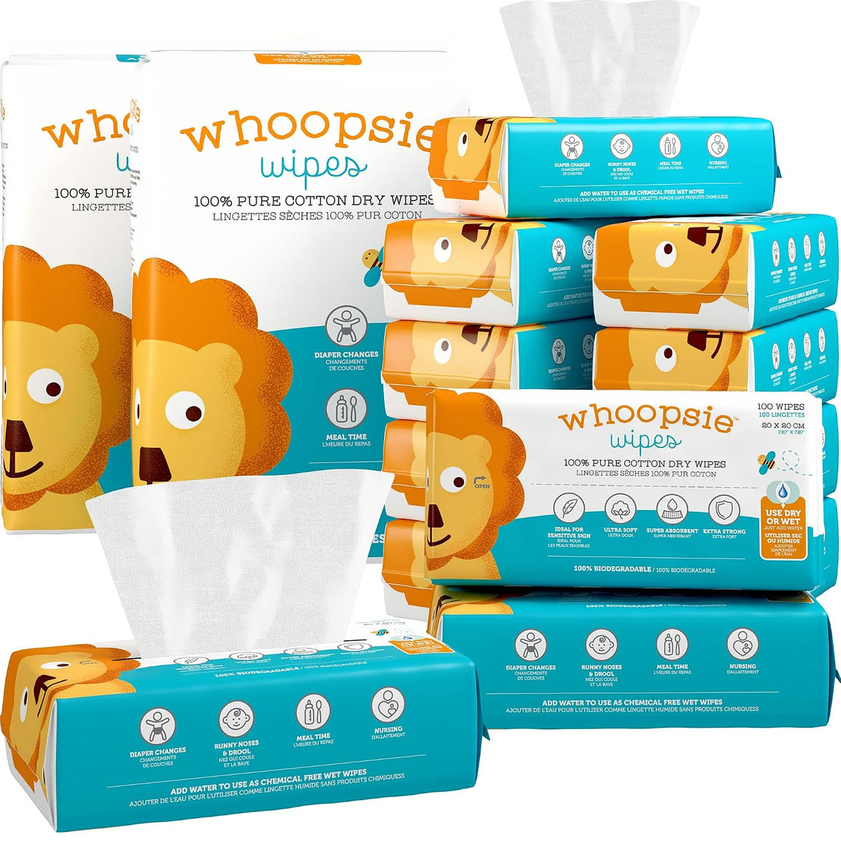 Whoopsie Wipes 100% Pure Cotton Dry Baby Wipes, 1,200 Count