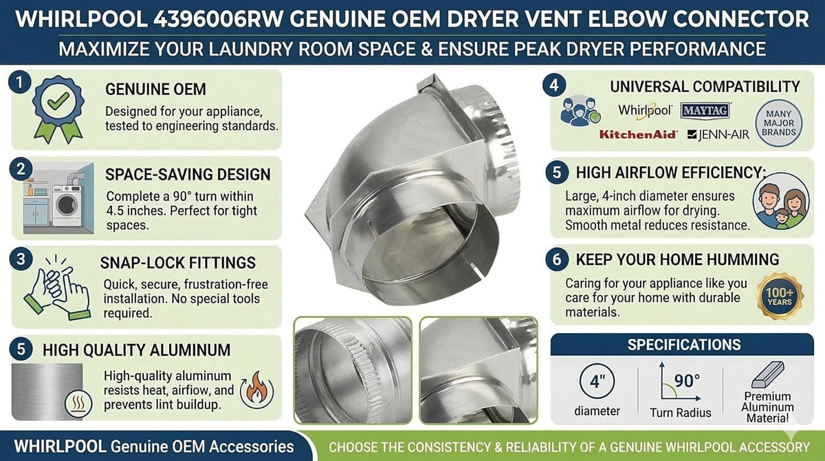 Whirlpool 4396006RW Genuine OEM 90-Degree Dryer Vent Elbow, 4 Inch Aluminum - view 3