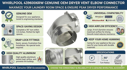 Whirlpool 4396006RW Genuine OEM 90-Degree Dryer Vent Elbow, 4 Inch Aluminum - view 3