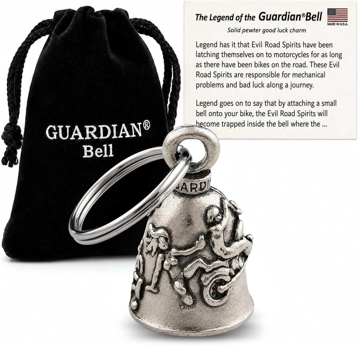 Guardian Bell Good Luck Bell with Keyring and Black Velvet Gift Bag — product view