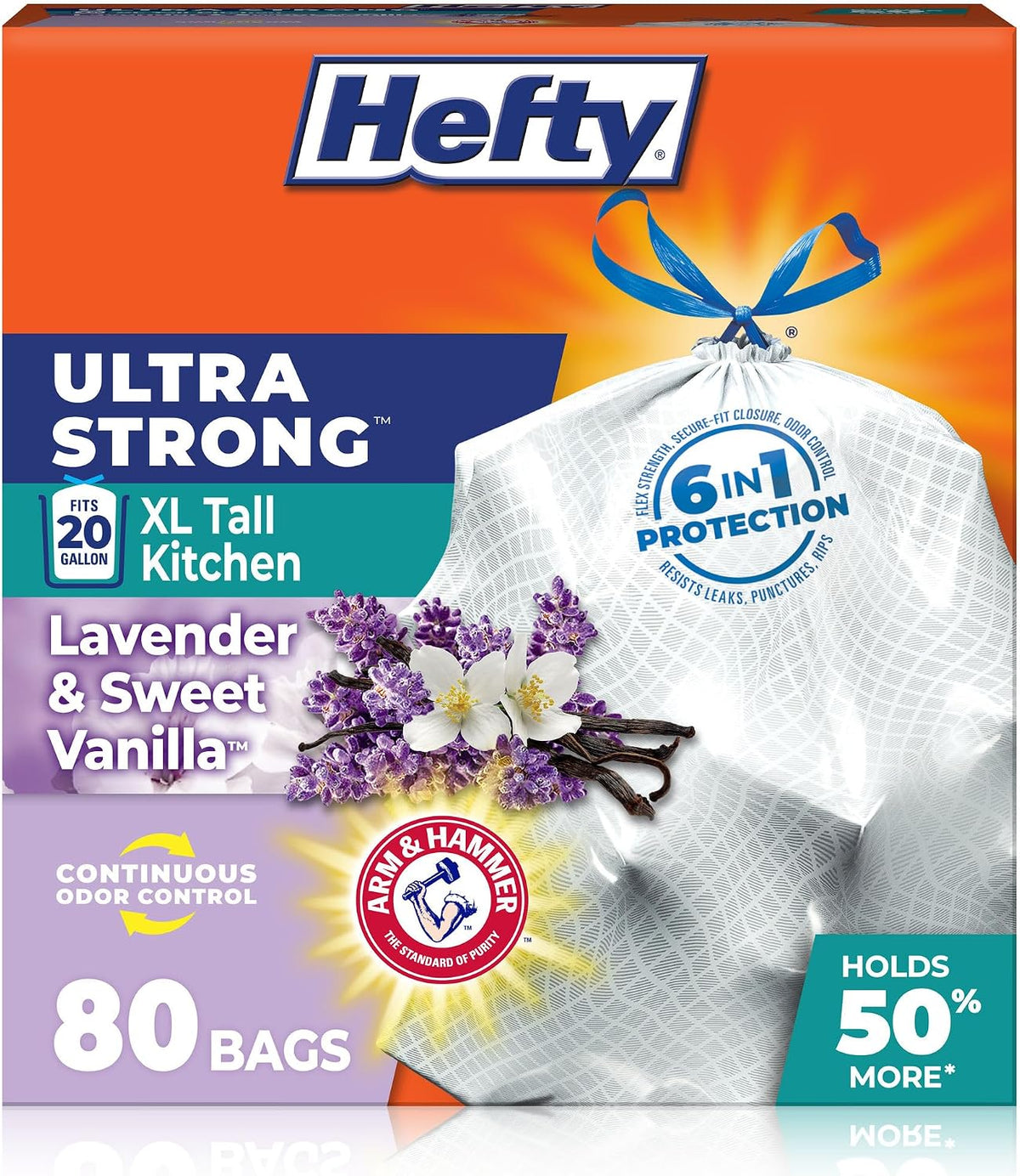 Hefty Ultra Strong 76 L (20 Gallon) XL Kitchen Bin Bags, Lavender Vanilla, 80 Count — product view