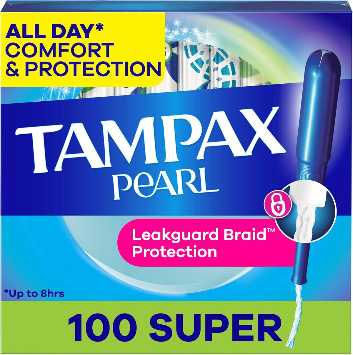 Tampax Pearl Super Absorbency Unscented Tampons with LeakGuard Braid, 100 Count