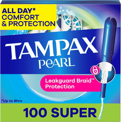 Tampax Pearl Super Absorbency Unscented Tampons with LeakGuard Braid, 100 Count