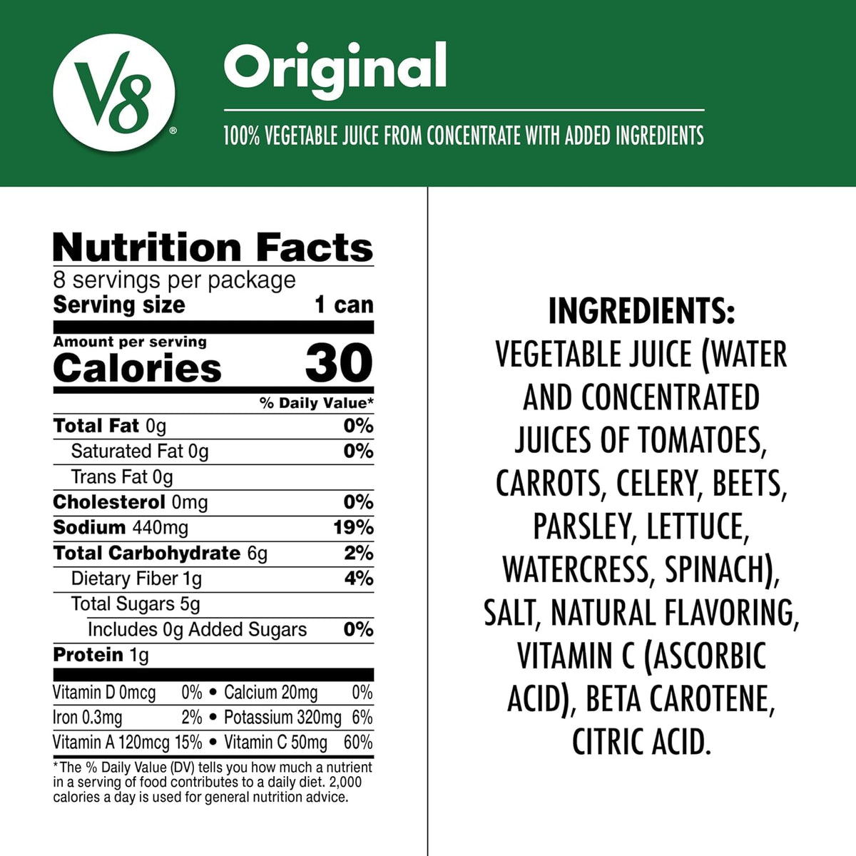 V8 Original 100% Vegetable Juice 163 ml (5.5 fl oz) Cans, Pack of 8 — alternate product view