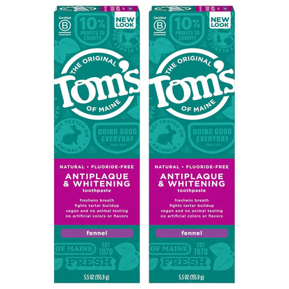 Tom's of Maine Fluoride-Free Antiplaque Whitening Toothpaste, Fennel, 5.5 oz x2