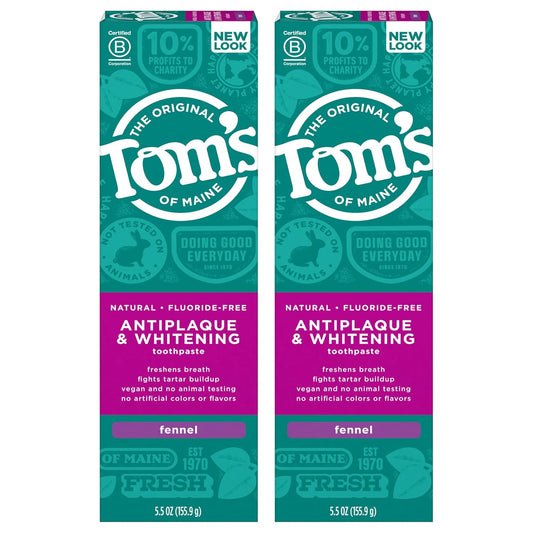 Tom's of Maine Fluoride-Free Antiplaque Whitening Toothpaste, Fennel, 5.5 oz x2