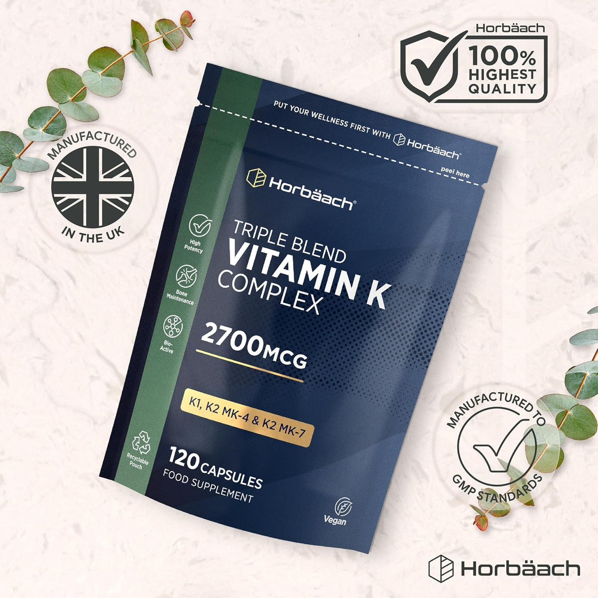 Horbaach Vitamin K Complex Capsules 2700 mcg, Vitamin K2 MK-4 + K1 - view 5
