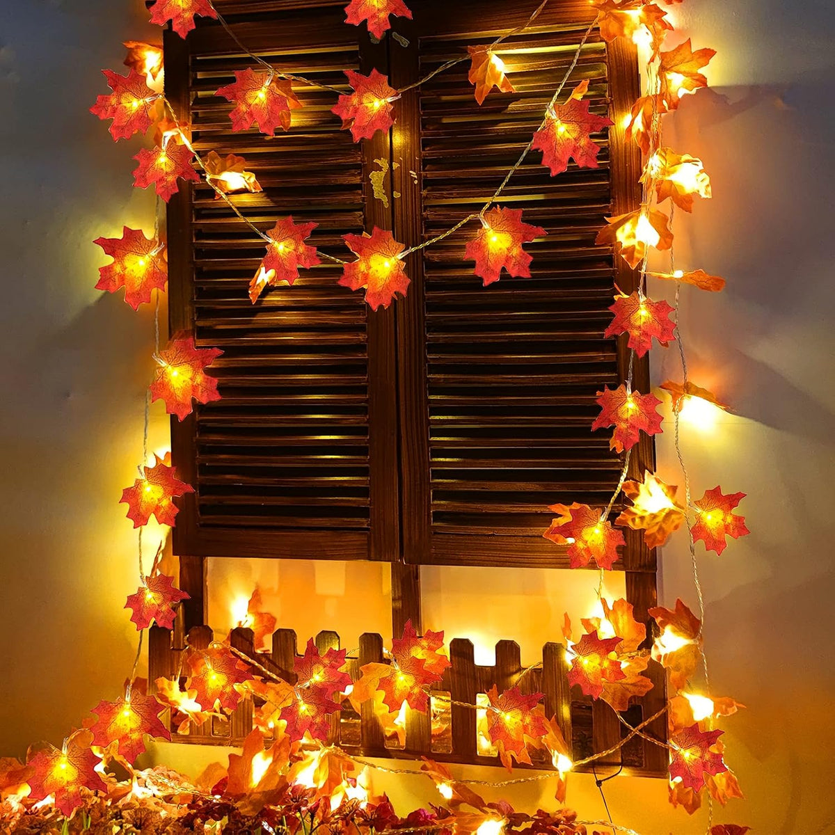 TURNMEON Fall Garland with Lights, 2 Pack, 20 ft, 40 LED Maple Leaves - view 4