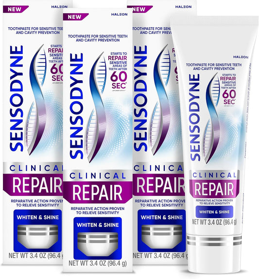 Sensodyne Clinical Repair Whiten and Shine Toothpaste 3.4 oz, Pack of 3