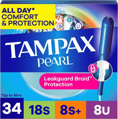 Tampax Pearl Tampons Trio Pack, Super/Super Plus/Ultra, Unscented, 34 Count