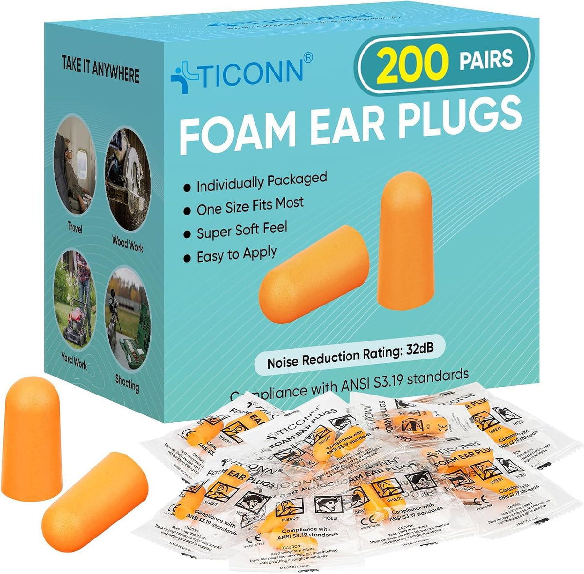 TICONN Foam Ear Plugs, 200 Pairs, Individually Wrapped, 32dB NRR — product view