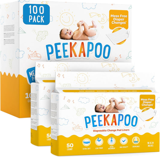 Peekapoo Disposable Baby Changing Pad Liners, 100 Pack