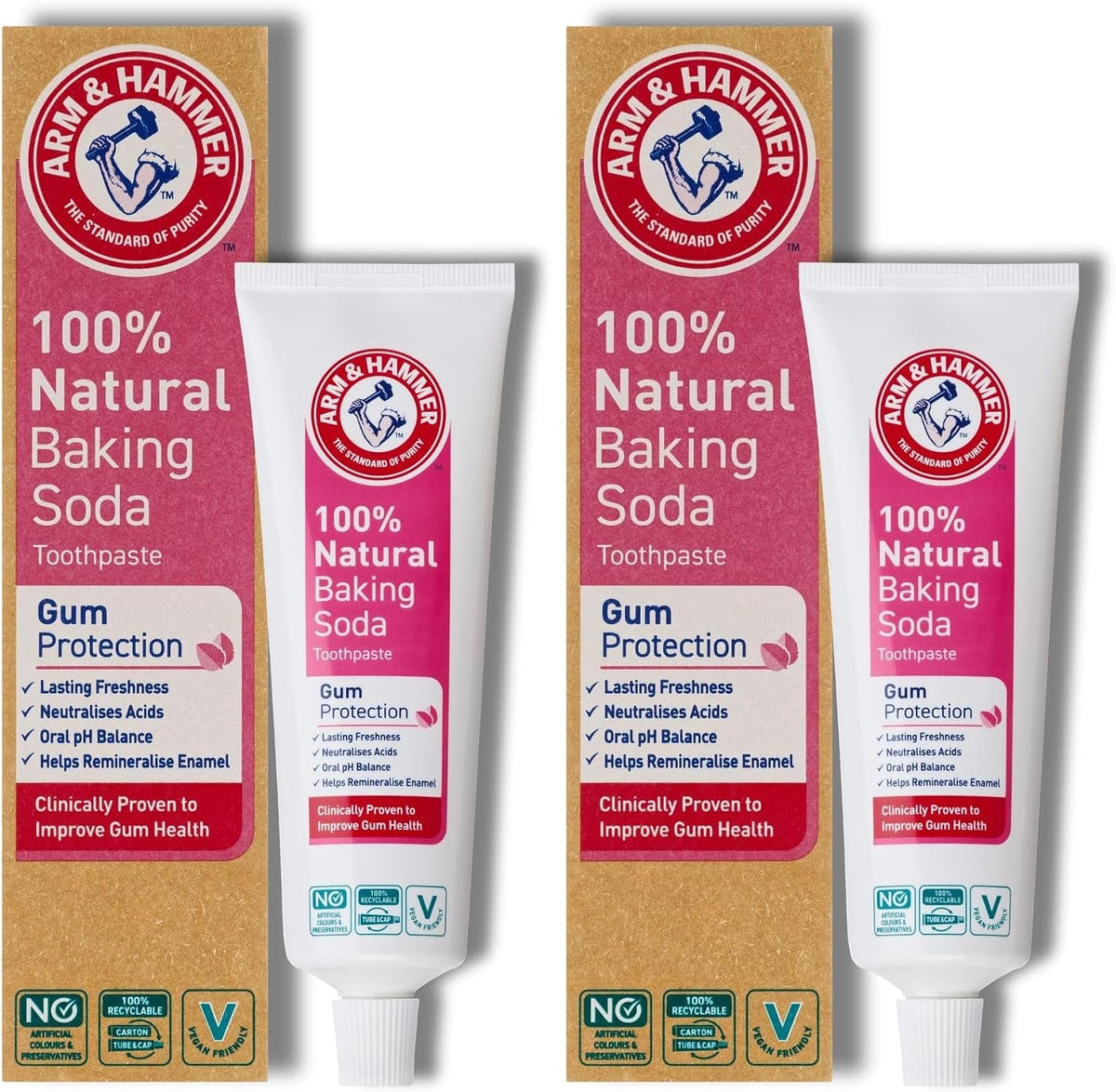 Arm & Hammer 100% Natural Baking Soda Gum Protection Toothpaste, 2 x 75 ml