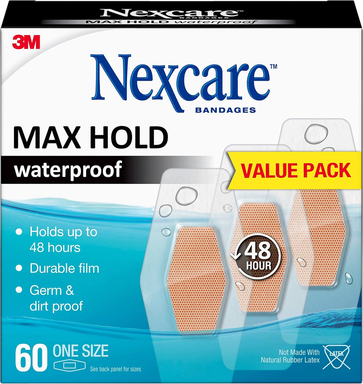 Nexcare Max Hold Waterproof Bandages, Clear, 60 Count, 1.25 x 2.5 in