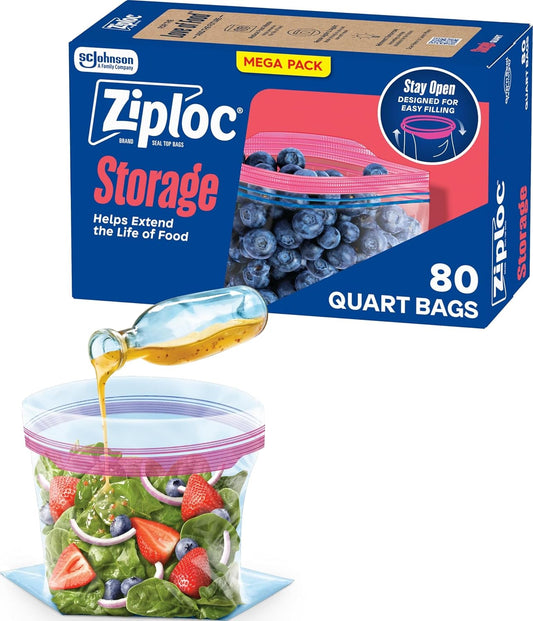Ziploc Smart Zipper Quart Storage Bags, 80 Count, Clear
