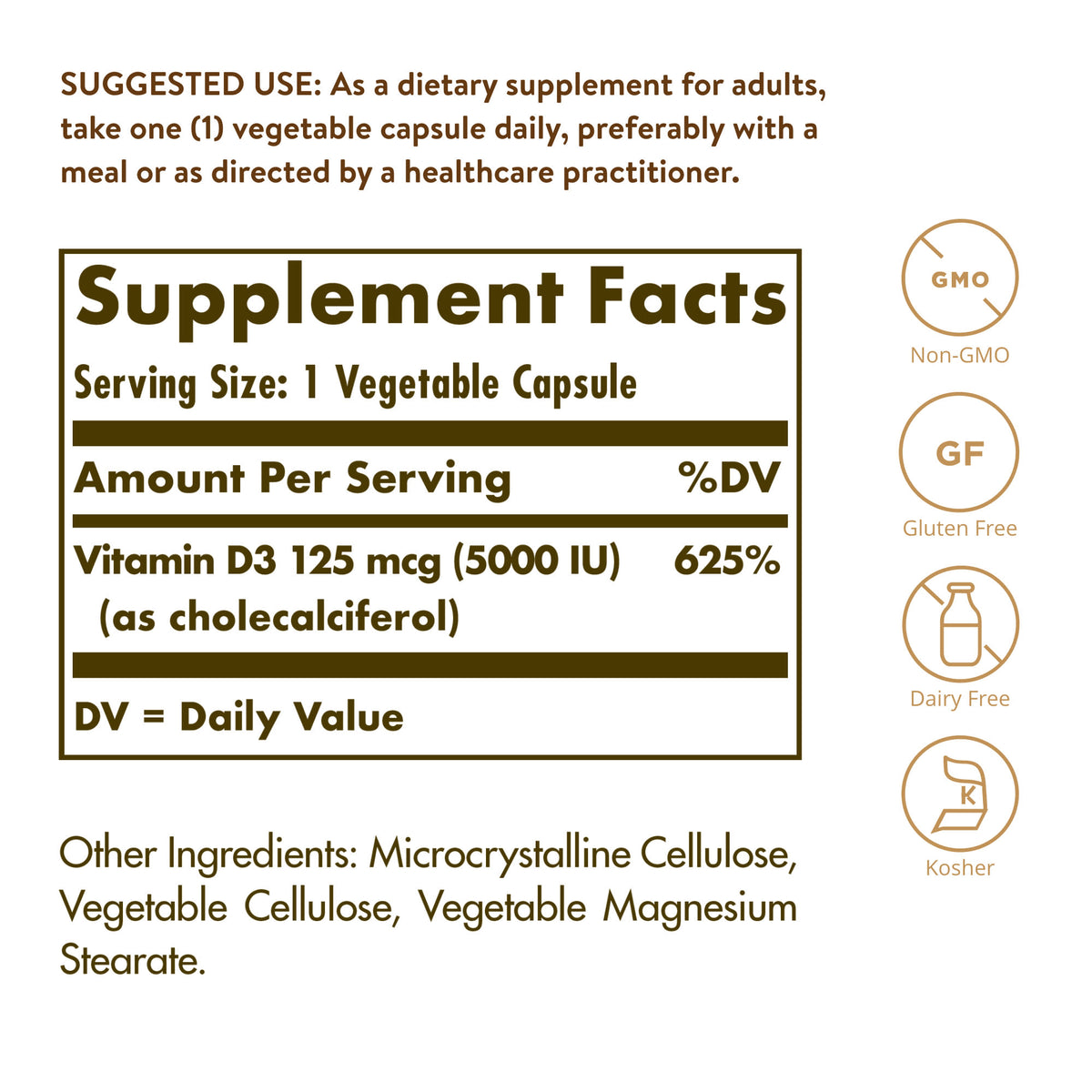Solgar Vitamin D3 (Cholecalciferol), 125 mcg (5,000 IU), 240 Vegetable Capsules - view 3
