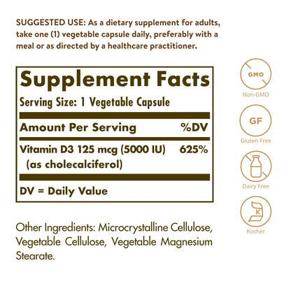 Solgar Vitamin D3 (Cholecalciferol), 125 mcg (5,000 IU), 240 Vegetable Capsules - view 3