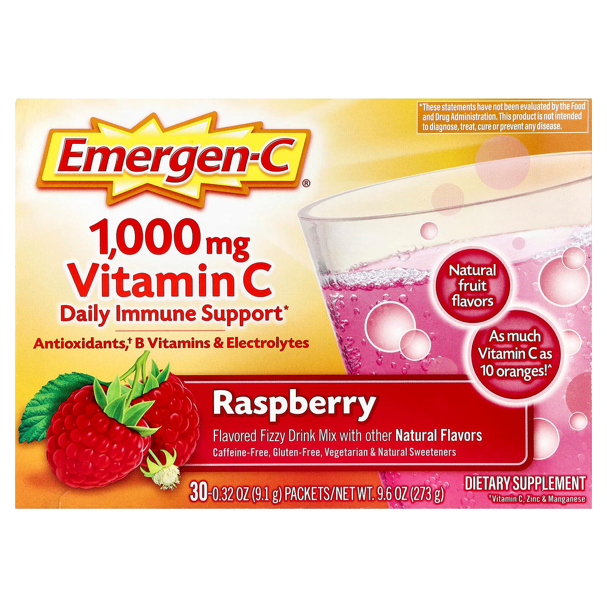 Emergen-C Vitamin C Raspberry 30 Packets, 9.1 g (0.32 oz) Each