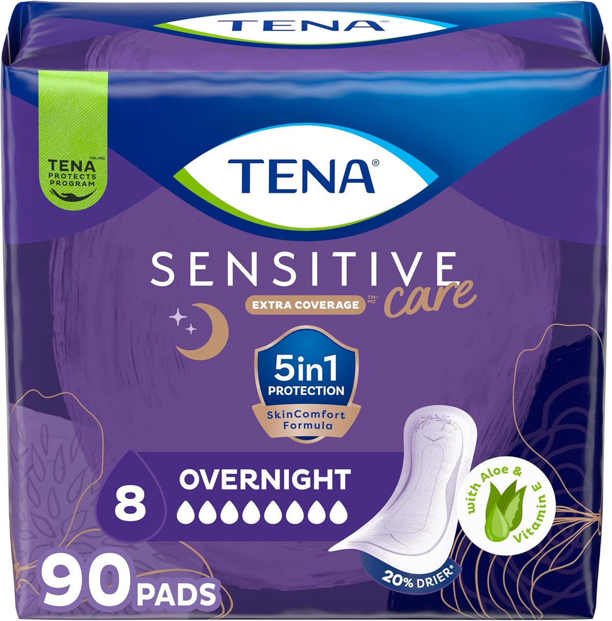 TENA Sensitive Care Overnight Incontinence Pads, Extra Coverage, 90 Count