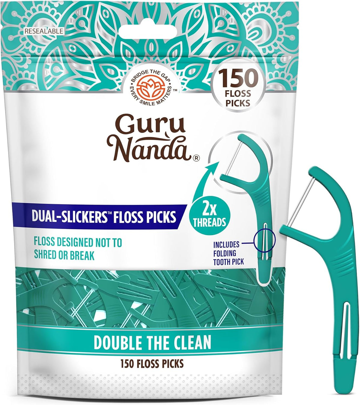 GuruNanda Dual Slickers Floss Picks, Unflavoured - 150 Count — product view