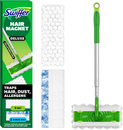 Swiffer Hair Magnet Deluxe Starter Kit, Collapsible Pole, 9 Dry + 2 Wet Cloths