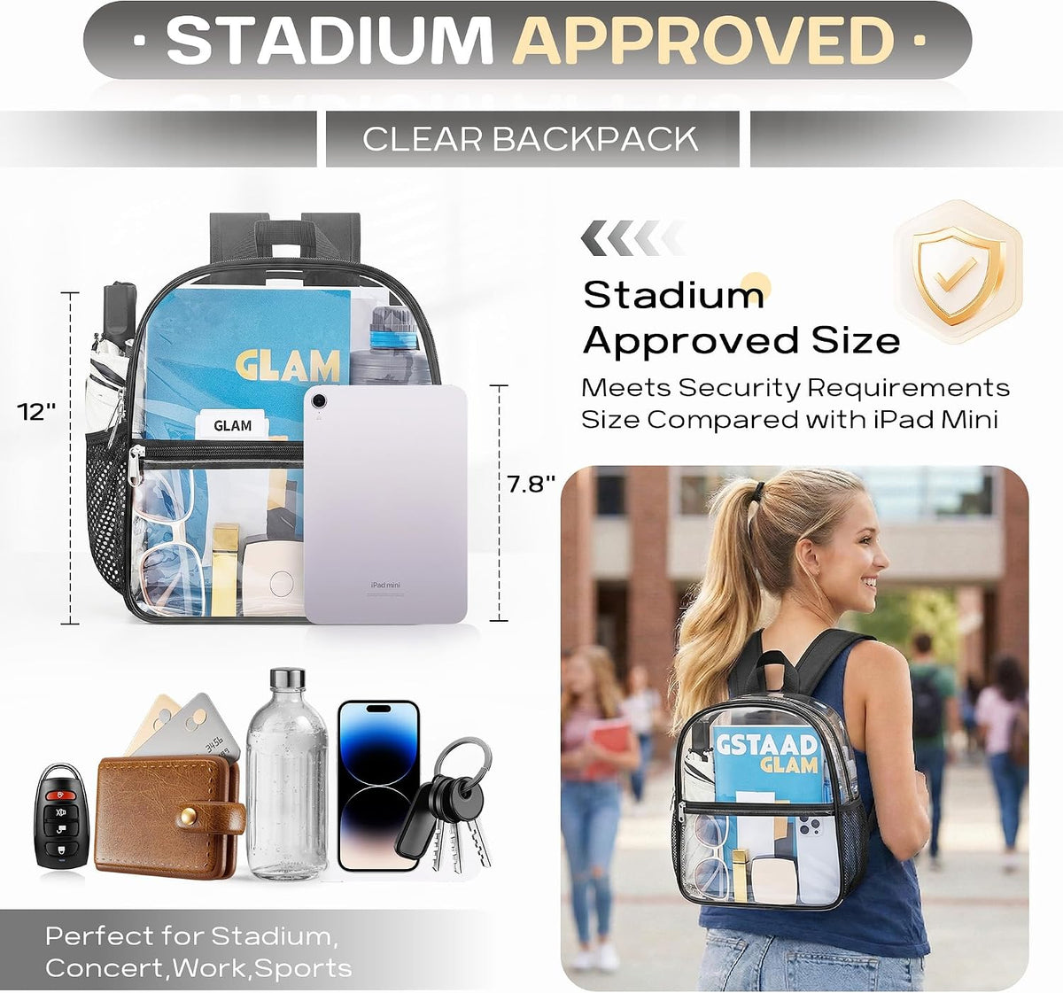 Oraben Clear Stadium Backpack, 12 x 6 x 11 Inch — alternate product view