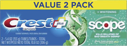 Crest + Scope Complete Whitening Toothpaste, Minty Fresh 153 g, Pack of 2