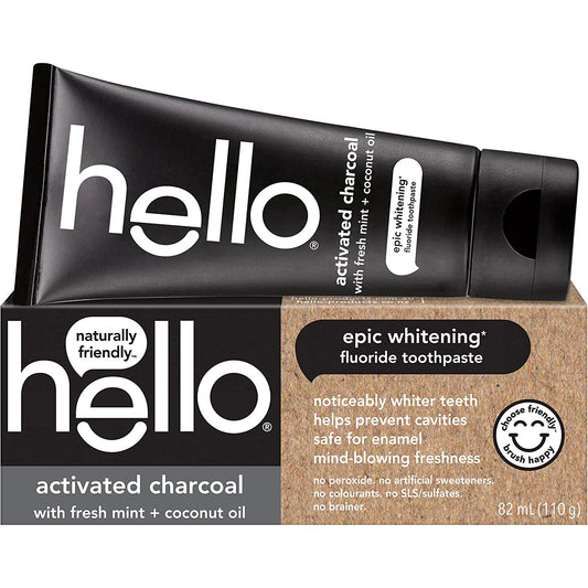 Hello Epic Teeth Whitening Charcoal Fluoride Toothpaste, Natural Fresh Mint, Vegan, SLS Free, Peroxide Free, 82 ml