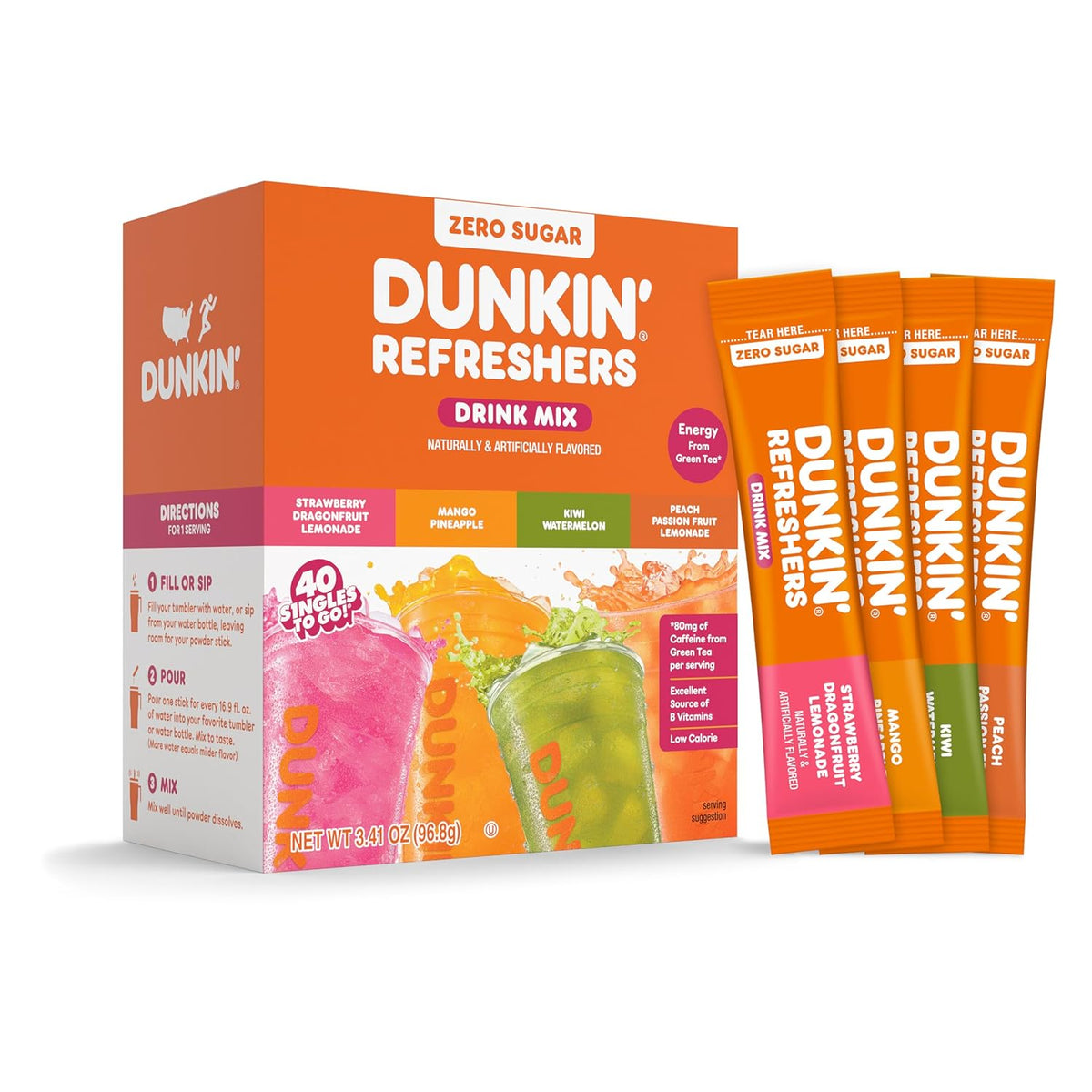 Singles To Go Dunkin' Refreshers Green Tea Drink Mix Packets, 40 Count