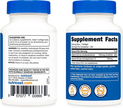 Nutricost Vitamin D3 5000 IU + K2 100 mcg (MK7), 120 Softgels - view 4