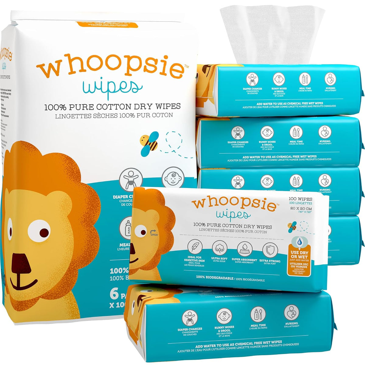 Whoopsie Wipes The Original 100% Pure Cotton Dry Baby Wipes, 600 Count