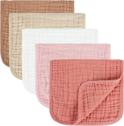 MIGIOL 100% Cotton Muslin Burp Cloths, 10 x 20 Inch, Pink & Coffee, 5 Pack