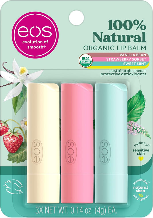 eos Organic Lip Balm Trio, Vanilla Bean, Sweet Mint, Strawberry Sorbet, 4 g x 3