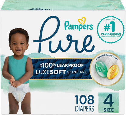 Pampers Pure Baby Nappies, Size 4 (22-37 lbs), 108 Count