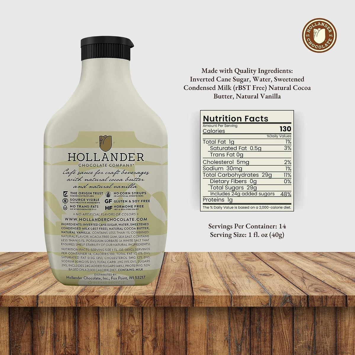 Hollander Chocolate Co. White Chocolate Cafe Sauce 443 ml (15 fl oz) — alternate product view