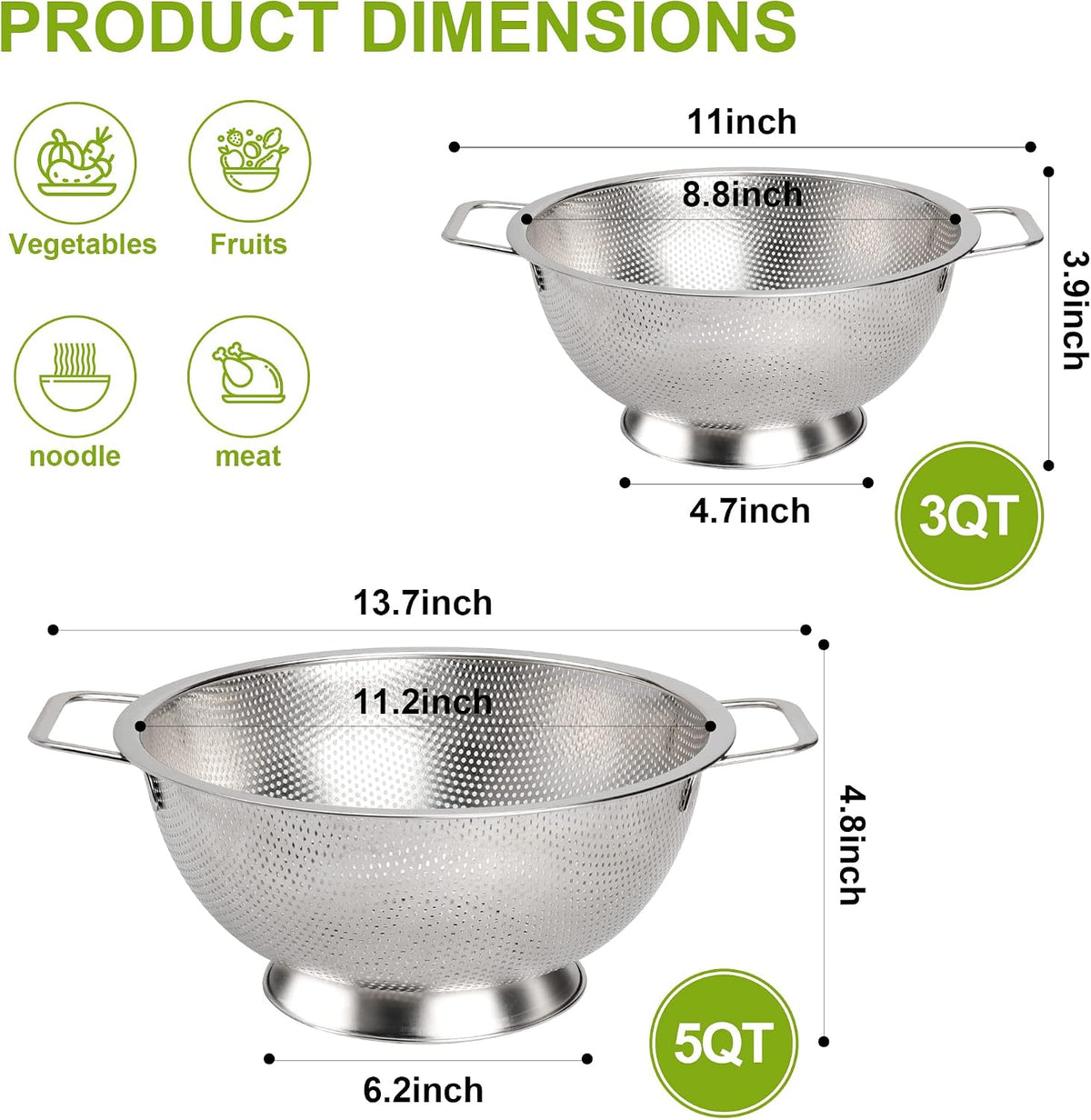 Gulex Stainless Steel Colander, 3 Quart, Dishwasher Safe - view 2