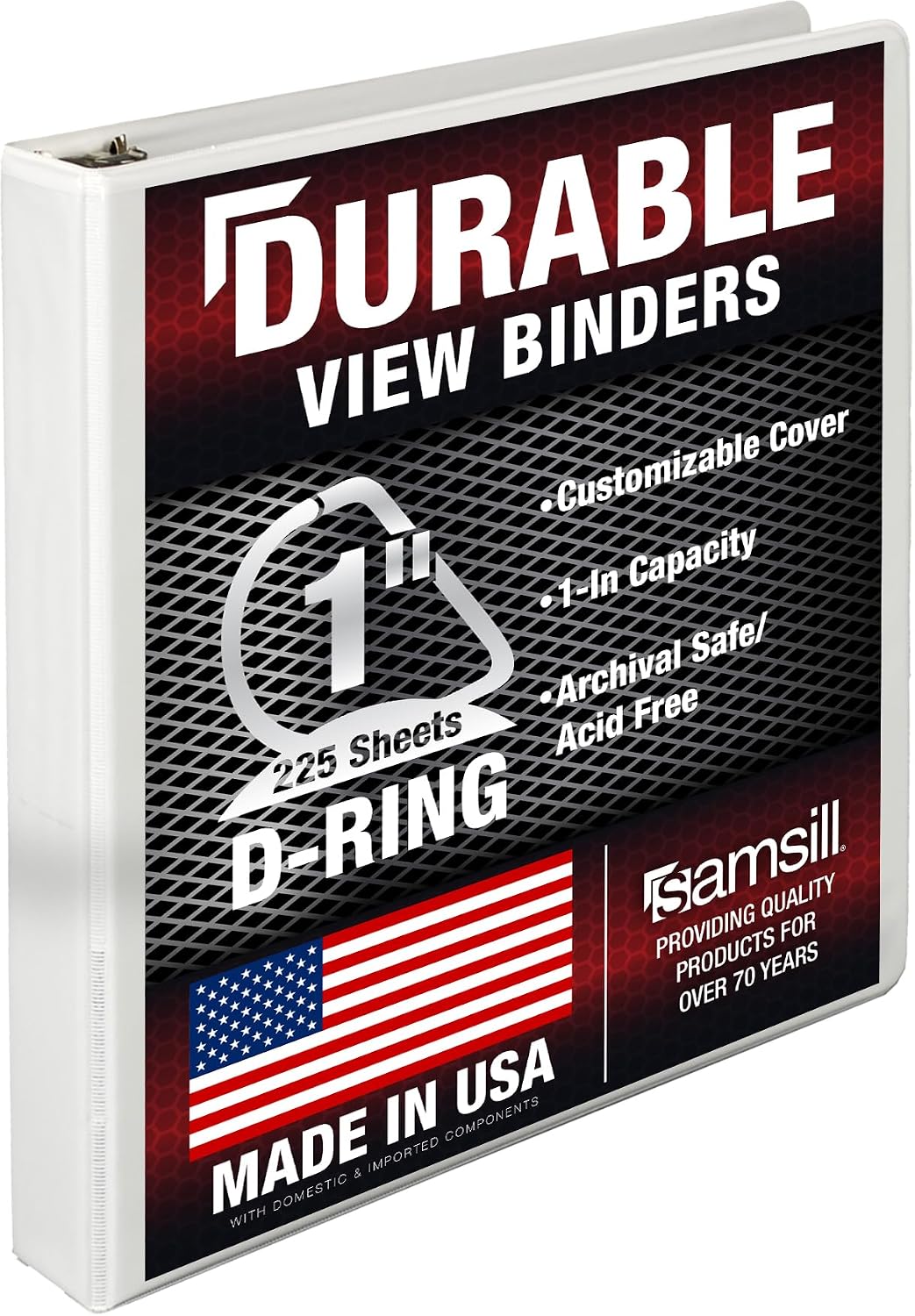 Samsill Durable 1 Inch D Ring Binder, Clear View Cover, White