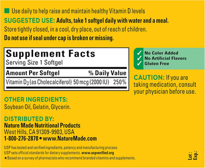 Nature Made Vitamin D3 2000 IU (50 mcg), 250 Softgels - view 6