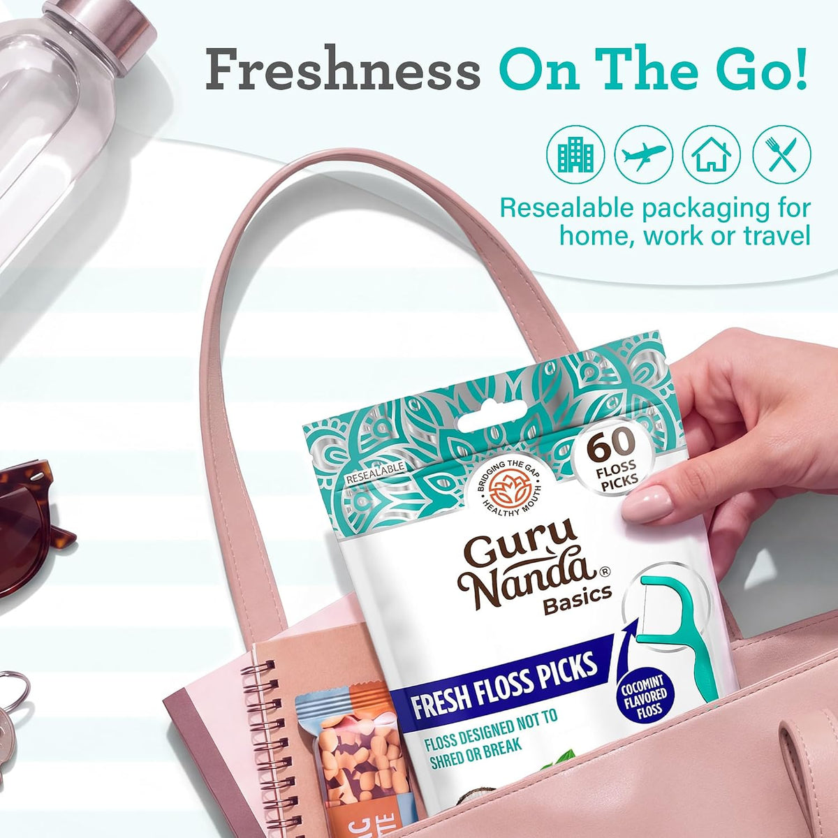 GuruNanda Fresh Dental Floss Picks with Angled Pick, Cocomint, 60 Count - view 6