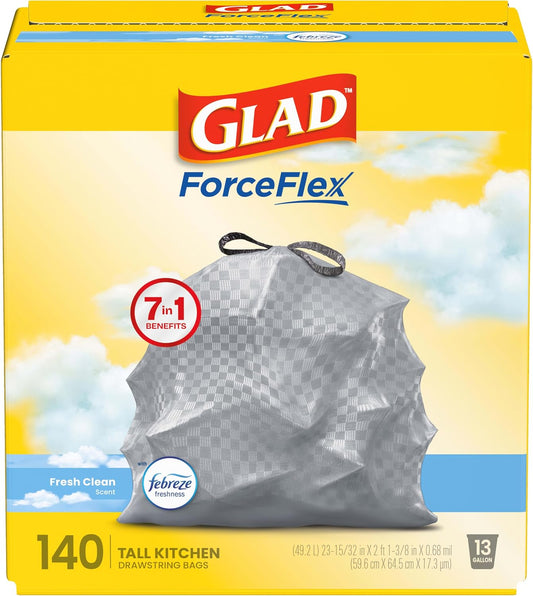 Glad ForceFlex Tall Kitchen Bin Bags, 13 Gallon, Fresh Clean, 140 Count
