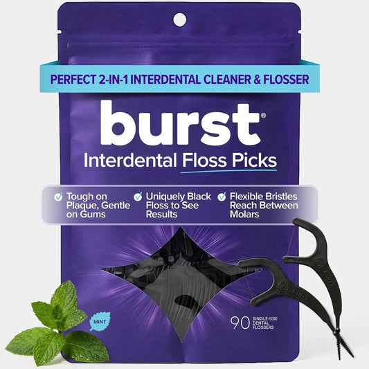 BURST Adult Dental Floss Picks, Mint Eucalyptus, 90 Count