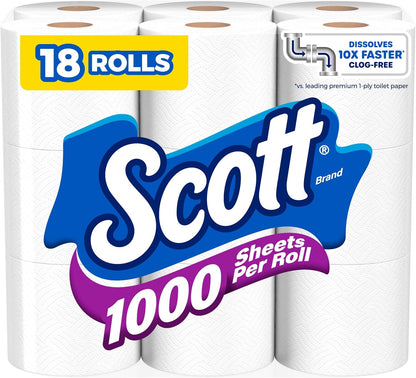 Scott 1000 Toilet Paper 18 Rolls, 1000 Sheets per Roll